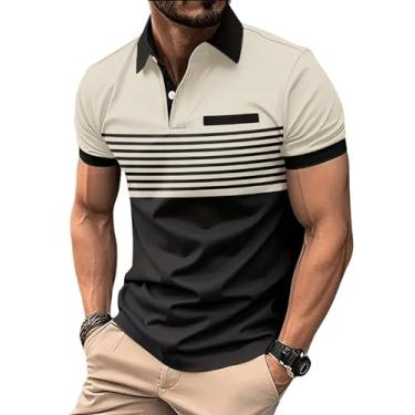 Imagem de SOLY HUX Camisa polo masculina de golfe manga curta gola tênis camiseta listrada colorida, Cáqui e preto, XXG