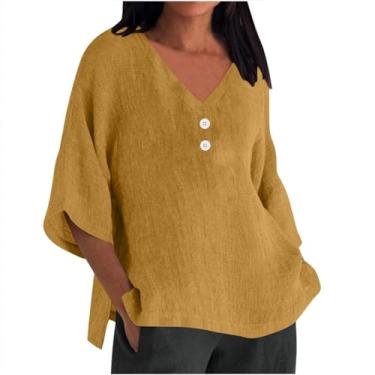 Imagem de Camiseta feminina manga 3/4 algodão linho casual gola V morcego camiseta grande cor sólida solta verão tops, Amarelo, XXG