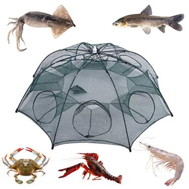 Imagem de plplaaoo Rede de pesca dobrável portátil com 8 furos, armadilhas para peixes, rede de pesca de nylon dobrável para apanhar enguias, caranguejos, lagostas, camarões e caranguejos, iscas de malha