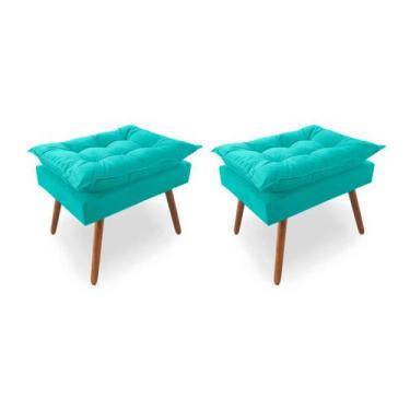 Imagem de Kit 2 Puffs Decorativos Quadrados Opala Pés Palito Tecido Suede Azul T