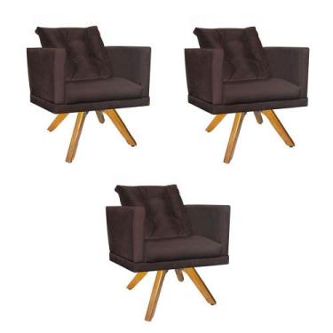 Imagem de Kit 03 Poltrona Lucia Confort Base Giratória Caramelo Com Almofada Sal