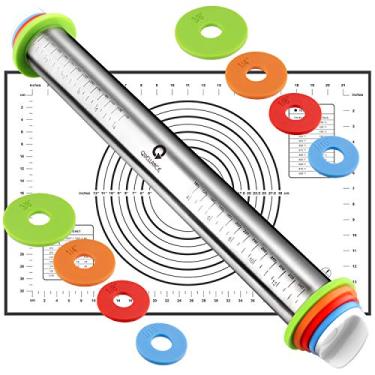 Imagem de Conjunto de rolo e tapete de pastelaria, rolos com anéis de espessura ajustável, rolo de massa de aço inoxidável para assar fondant, pizza, torta, pastelaria, macarrão, biscoitos (tapete preto)