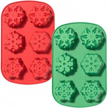 Imagem de Sweetfamily Moldes de silicone de Natal, 2 peças de moldes de silicone de floco de neve para bolo, chocolate, doces, gelatina, férias, sabonete, vela, pudim, geleia, muffin, bandeja de cubo de gelo