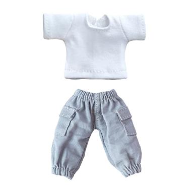 Imagem de niannyyhouse T-Shirt + Pants 2-Piece Set Camouflage Overalls Solid Color T-Shirt 1/12 BJD OB11 Doll 4.3 inches (11 cm) Body Figure Accessory (Gray)