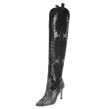 Imagem de Botas femininas de caubói cowgirl botas de cano alto com strass ocidental, bico fino, salto alto, 8 cm, sem fecho, botas de caubói para mulheres, meninas, festas, Preto, 11