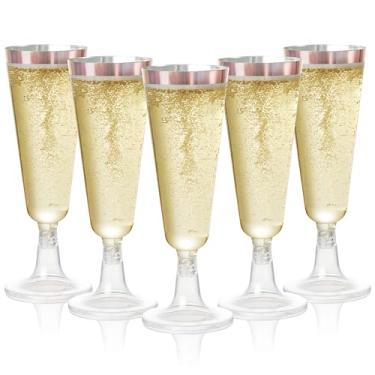 Imagem de MATANA 24 taças de champanhe de plástico, aro de ouro rosa, 142 g - copos reutilizáveis para brindes, copos de coquetel Prosecco para casamentos, aniversários, Natal, festas