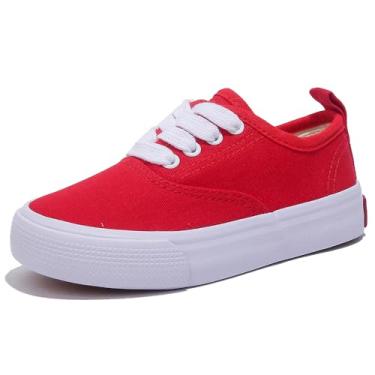 Imagem de OPOEE Sapatos esportivos de cano baixo para meninos e meninas, com cadarços, calçados infantis confortáveis e leves para skate, Vermelho, 10 Wide Little Kid