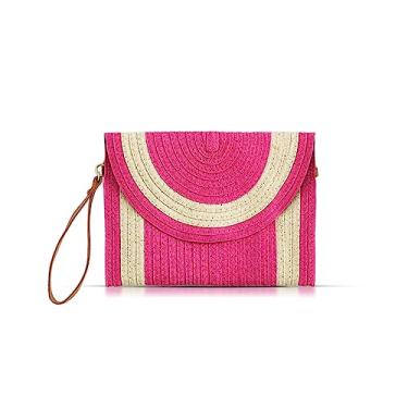 Imagem de QTKJ Bolsas clutch de palha para mulheres, bolsas transversais, bolsa rosa choque, pacote envelope feito à mão, pulseiras de couro, bolsas de praia de verão adequadas para férias, viagens, uso diário,