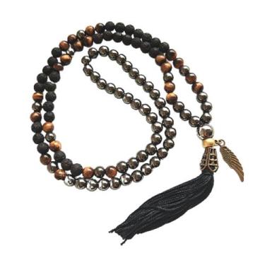 Imagem de Japamala 108 Contas em Pedras Naturais Olho de Tigre Lava Vulcânica e 