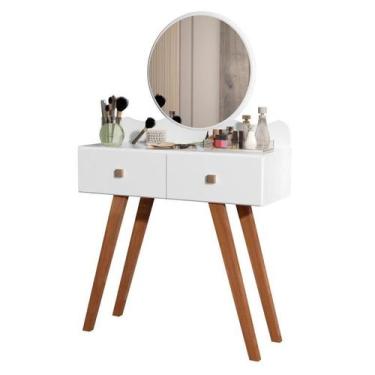 Imagem de Penteadeira retrô 2 gavetas Conde com espelho redondo cor branca ultim