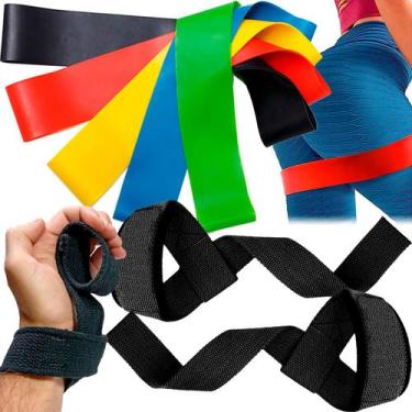 Imagem de Kit Elásticos Exercício Miniband 5 Níveis + 2 Tala Straps 100% Algodão