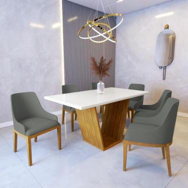 Imagem de Mesa de Jantar Safira 1,6m Off White com 6 Cadeiras Elisa Veludo Cinza