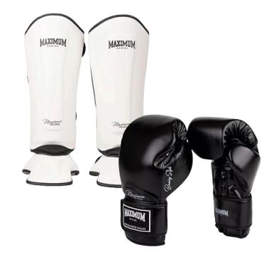 Imagem de Kit Luva de Boxe Muay Thai Kickboxing Maximum Classic Preto + Caneleira Maximum Classic Branco (LUVA 10OZ + CANELEIRA G)