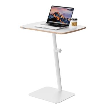 Imagem de Mesa de canto ajustável em altura – Mesa lateral de sofá pequena para pequenos espaços, mesa de cabeceira moderna em forma de C que desliza por baixo, bandeja de TV para laptop de madeira branca com