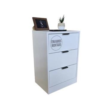 Imagem de Mesa De Cabeceira Branca 50cm com 3 Gavetas Para Quarto Lateral de Cama e Escritório Gaveteiro Organizador Já Montado (Sem Rodinhas, Puxador Preto)