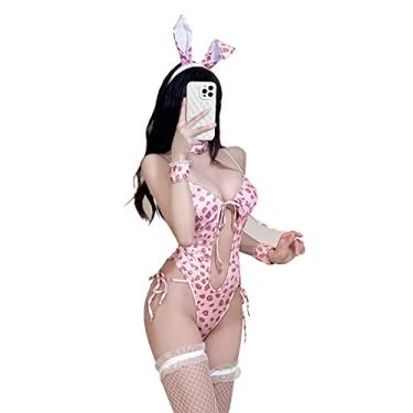 Imagem de SNOMYRS Fantasia sexy de coelhinho cosplay anime rosa coelho interpretando lingerie para mulheres body terno de coelho com orelhas de coelho, rosa, Tamanho Único