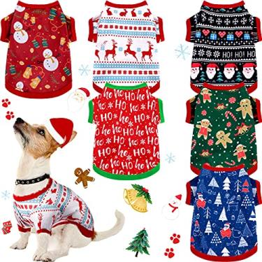 Imagem de 6 peças de roupas de Natal para cães, camisas para animais de estimação, colete para filhotes de Natal estampado boneco de neve Rena Papai Noel camisetas para roupas macias para cães e gatos (P)