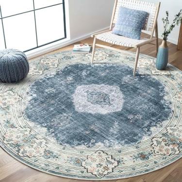 Imagem de MUJOO Tapete redondo azul 1,8 m, tapetes circulares laváveis para quarto, sala de estar, banheiro, boho, grande, antiderrapante, tapete circular, floral