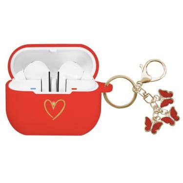 Imagem de AIIEKZ Compatível com Samsung Galaxy Buds 3 Pro e Galaxy Buds 3 (2024), capa de silicone macio com padrão de coração dourado com chaveiro de borboleta fofo para meninas e mulheres (vermelho)