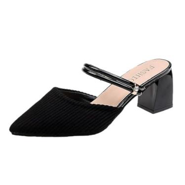 Imagem de Boxpopla Mocassim feminino fechado bico fino mules duas vias alça frente única para mulheres salto médio grosso mule slingback sapatos sem cadarço, Malha preta, 34