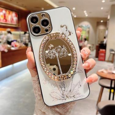 Imagem de Design Magic Mirror Case para iPhone 14 Pro Max 11 12 13 Pro 14 Plus Glitter Ring Kickstand Make Up Beauty Case, White Evergreen Tree, para iPhone 13