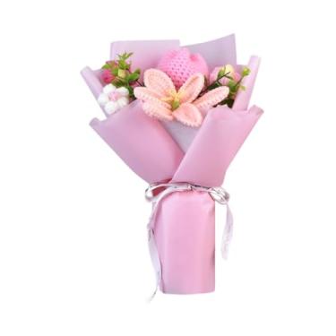Imagem de FLCPJGV Buquê de flores de crochê, buquê de malha, buquê de crochê de peça central de mesa com saco de papel para presente de aniversário para mulheres, Rosa