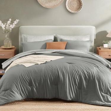 Imagem de Monbix Conjunto de edredom Queen – 7 peças, cinza granito, pré-lavado, conjunto de cama queen com edredom, edredom ultramacio, para todas as estações, com lençóis, fronhas e fronhas