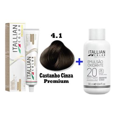 Imagem de Kit Coloração Itallian Premium 60g Castanho Cinza 4.1 + Emulsão Oxi 20