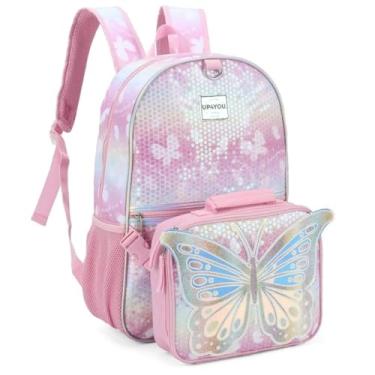 Imagem de Kit Mochila de Costas e Lancheira Térmica Larissa Manoela Borboleta Holográfica com Paetê Infantil Juvenil Escolar Rosa