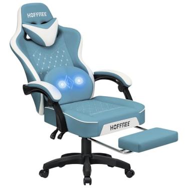 Imagem de HOFFREE Cadeira de jogos, cadeira de computador com bolso, almofada de mola, cadeira de jogos de massagem com apoio para os pés, cadeiras ergonômicas para jogos de computador com encosto alto, para