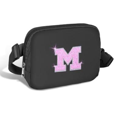 Imagem de COSHAYSOO Pochete de cintura pequena com alça ajustável com patch de letra inicial para mulheres, adolescentes, meninas, viagens, academia, caminhada, bolsa de viagem transversal, bolsa moderna, Preto