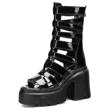 Imagem de Loonglue Sandália feminina gladiadora feminina de couro legítimo slim de 12 cm de espessura de salto alto plataforma peep toe recortada com zíper estreito, Sandálias pretas, 35 BR