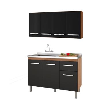Imagem de Kit Balcão Pia para Cozinha com Armário Aéreo 120cm Savana Preto Moblis	
