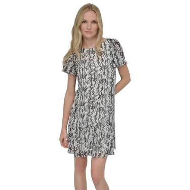 Imagem de DKNY Vestido feminino rodado de manga curta e bainha com babados, Marfim/preto, 48