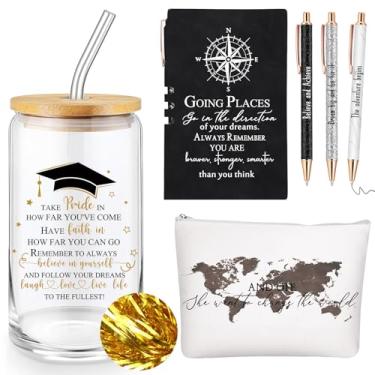 Imagem de Domensi Conjunto de 6 peças de presente de formatura incluído copo de vidro de 473 ml, bússola, bolsa de maquiagem, caneta esferográfica, presente de formatura inspirador para festa de formatura da