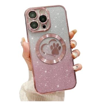 Imagem de Weonmov Capa para iPhone 13 Pro com glitter transparente pata amor coração compatível com MagSafe, proteção completa magnética forte para lente de câmera macia, fina e fofa - rosa