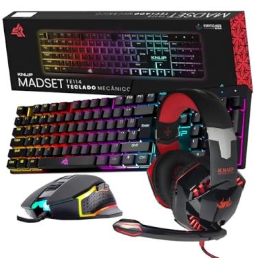 Imagem de KNUP Madset Kit Gamer, Teclado Mecânico RGB ABNT2 Switch Blue, Mouse 4800 DPI, Headset com Microfone (Preto/Vermelho)
