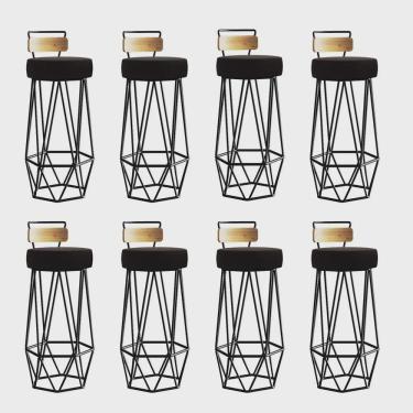 Imagem de Kit 08 Banqueta Com Encosto Botti Hexágono Cozinha Peroba Rosa Ferro Preto Sintético Marrom - Ahz Móveis