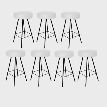 Imagem de Kit 07 Banqueta Alta Laisa Industrial Redonda Cozinha Bar Balcão Bistrô Ferro Preto Suede Branco - Ahz Móveis