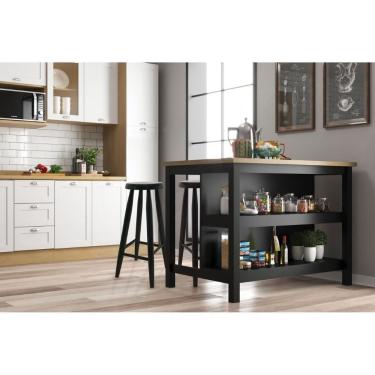 Imagem de Bancada Gourmet Ilha Cozinha + Kit Luz + 2 Banq. Ditália Preto