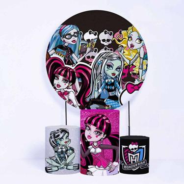 Imagem de Kit Painel de Festa Redondo de 1,30m e Trio de Cilindros Monster High - Fera Print