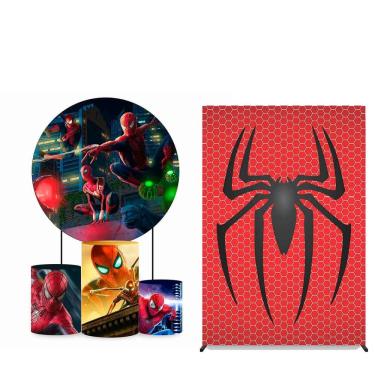 Imagem de Kit Painel de Festa Redondo 1,80m, Trio de Cilindros e Painel Lateral Homem Aranha - Fera Print