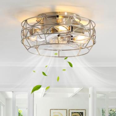 Imagem de Sewterolyn Ventiladores De Teto Com Gaiola De Níquel Escovado Com Luzes E Controle Remoto, 6 Velocidades, Ventilador De Teto Industrial Embutido De 12 Polegadas Com Luz, Ventilador Moderno Sem Lâmin