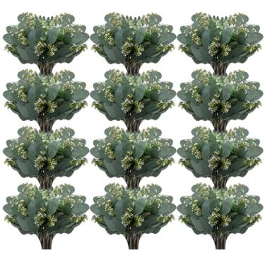 Imagem de TANEMUDO 80 peças de folhas de eucalipto mistas em massa ovais artificiais prata dólar falso folhas de eucalipto com sementes brancas para decoração de guirlandas, arranjos florais de casamento