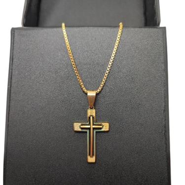 Imagem de colar dourado feminino crucifixo pai nosso fino inox cruz c4 - kingsto