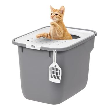 Imagem de IRIS Caixa de areia para gatos dos EUA, caixa grande para gatos, entrada superior com tampa de captura de areia, fechada com pá, cinza/branco