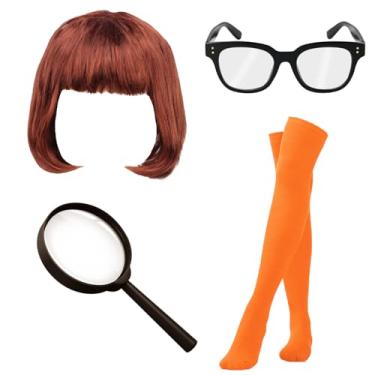 Imagem de 4 peças de fantasia de personagens clássicos de Halloween, incluindo peruca e lupa para mulheres, meninas, detetive escolar, cosplay