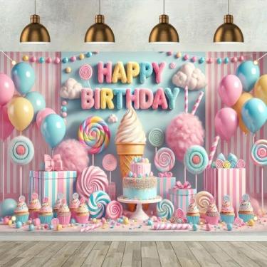 Imagem de BlissYard Banner de feliz aniversário colorido doce doce festa de aniversário pano de fundo sorvete algodão Candyland decoração de festa para crianças recém-nascidos suprimentos de decoração de chá de