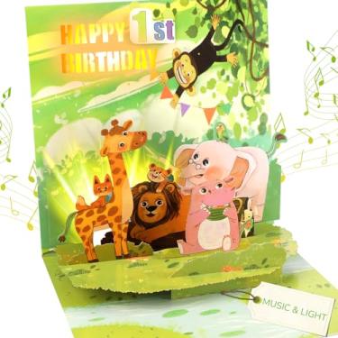 Imagem de Ecloverlife Cartões de 1º aniversário para crianças, cartões pop-up com luzes coloridas e música de feliz aniversário, presentes de aniversário para meninos, meninas, netos, netas de 1 ano de idade