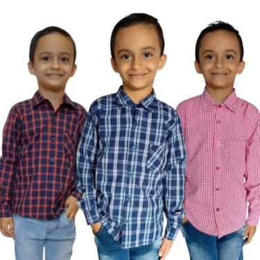 Imagem de Kit Com 3 Camisas Social Infantil Xadrez Manga Longa Menino - Repeliqu